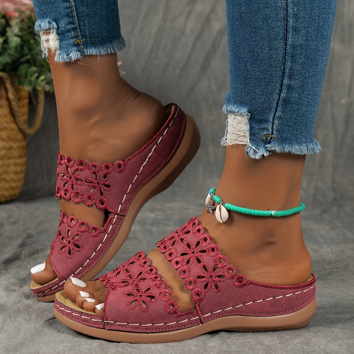 Women's Brown Synthetic Leather Slide Sandals - Open Toe, Floral Cut-Out Design, Soft TPU Sole, Comfortable Summer Footwear for Casual Wear, Stylish Outdoor Wear | Floral Cutout Sandals | Comfortable TPU Sole, Strappy Sandals